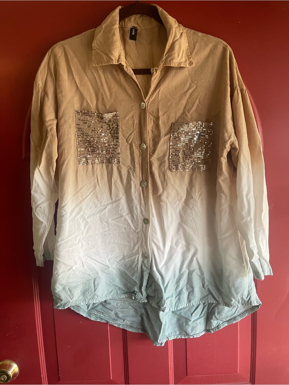 Sequin Pocket Ombre Button-Up Blouse - Beige to Light Blue